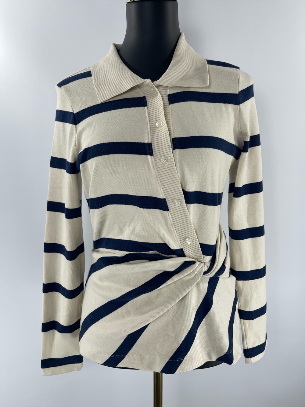 Tanya Taylor Cream Navy Stripe Ellicot Twisted Waist Asymmetrical Large Top